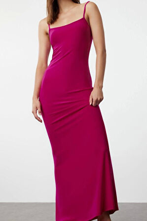Kadın Moda Şık Maxi Boy Kare Yaka Slim Çiçekli Bodycone Vücuda Oturan Askılı Esnek Örme Elbise