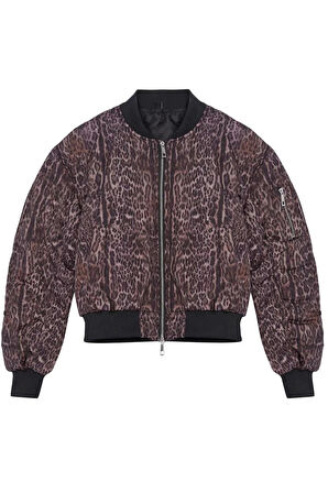 Kadın Moda Şık Bol Hakim Yaka Standart Düz Astarlı Leopar Desenli Oversize Kapitone Şişme Mont