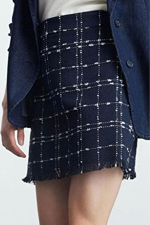 Kadın Moda Stil Mini Astarsız Dokuma Ekose Tüvit Kumaş Mini Dokuma Etek