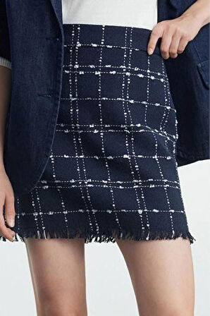 Kadın Moda Stil Mini Astarsız Dokuma Ekose Tüvit Kumaş Mini Dokuma Etek