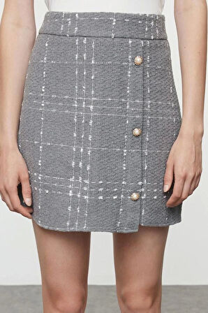 Kadın Moda Stil Mini Astarsız Dokuma Düğmeli Tüvit Kumaş Mini Dokuma Etek