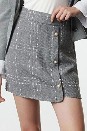 Kadın Moda Stil Mini Astarsız Dokuma Düğmeli Tüvit Kumaş Mini Dokuma Etek