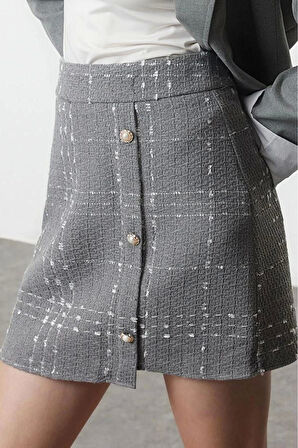 Kadın Moda Stil Mini Astarsız Dokuma Düğmeli Tüvit Kumaş Mini Dokuma Etek