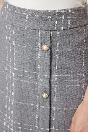 Kadın Moda Stil Mini Astarsız Dokuma Düğmeli Tüvit Kumaş Mini Dokuma Etek