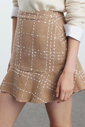Kadın Moda Stil Mini Astarsız Dokuma Volanlı Tüvit Kumaş Mini Dokuma Etek