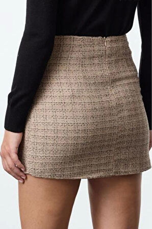 Kadın Moda Stil Mini Astarsız Dokuma Tüvit Kumaşlı Cep ve Düğme Detaylı Ekose Desenli Dokuma Etek