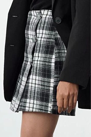 Kadın Moda Stil Mini Astarsız Dokuma Kruvaze Ekose Desenli Mini Dokuma Etek