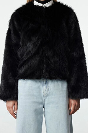 Kadın Moda Şık Bol Bisiklet Yaka Standart Düz Astarlı Oversize Kürk Mont