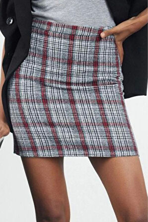 Kadın Moda Stil Mini Astarsız Dokuma Ekose Kaşe Kumaş Mini Dokuma Etek