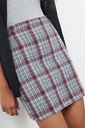 Kadın Moda Stil Mini Astarsız Dokuma Ekose Kaşe Kumaş Mini Dokuma Etek