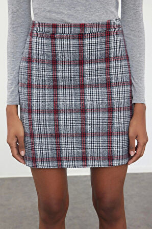 Kadın Moda Stil Mini Astarsız Dokuma Ekose Kaşe Kumaş Mini Dokuma Etek