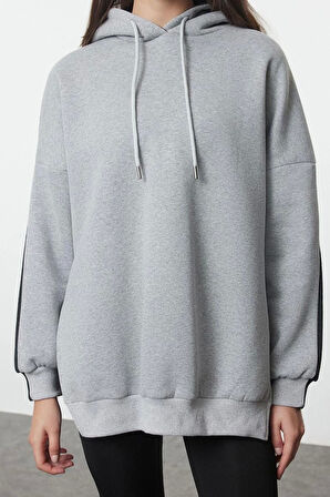 Kadın Moda Şık Oversize Kapüşonlu Düşük Kol Uzun Geniş Kalıp İçi Polarlı Örme Spor Sweatshirt
