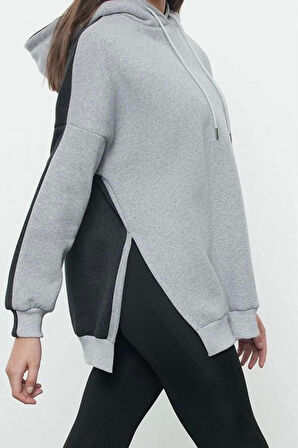 Kadın Moda Şık Oversize Kapüşonlu Düşük Kol Uzun Geniş Kalıp İçi Polarlı Örme Spor Sweatshirt