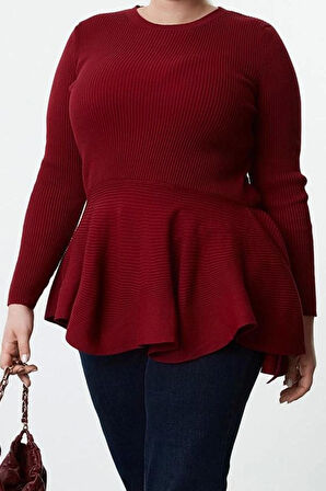 Kadın Moda Şık Büyük Beden Regular Bisiklet Yaka Fitted Kalıp Triko Fitilli Etek Ucu Volanlı Bluz