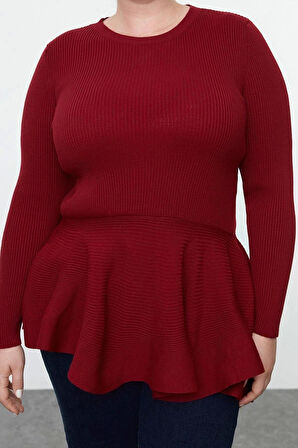 Kadın Moda Şık Büyük Beden Regular Bisiklet Yaka Fitted Kalıp Triko Fitilli Etek Ucu Volanlı Bluz