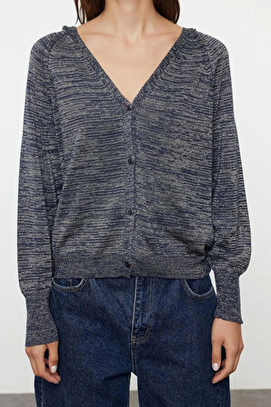 Kadın Moda Şık Regular V Yaka Oversize Premium Kalite Geniş Kalıp Simli Kapuşonlu Triko Hırka