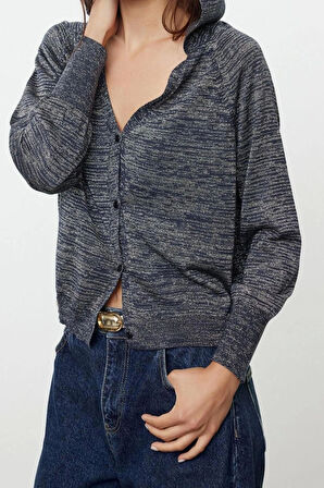 Kadın Moda Şık Regular V Yaka Oversize Premium Kalite Geniş Kalıp Simli Kapuşonlu Triko Hırka
