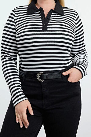 Kadın Moda Şık Büyük Beden Regular Gömlek Yaka Regular Kalıp Örme Çizgili Bluz