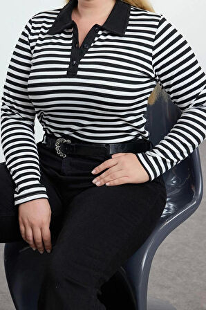 Kadın Moda Şık Büyük Beden Regular Gömlek Yaka Regular Kalıp Örme Çizgili Bluz
