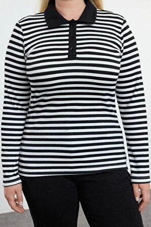 Kadın Moda Şık Büyük Beden Regular Gömlek Yaka Regular Kalıp Örme Çizgili Bluz