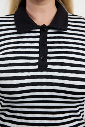 Kadın Moda Şık Büyük Beden Regular Gömlek Yaka Regular Kalıp Örme Çizgili Bluz