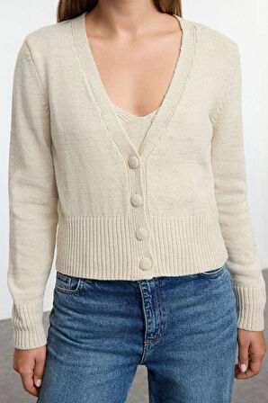 Kadın Moda Şık Crop V Yaka Regular Crop Bluz-Hırka Takım Triko Hırka
