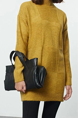 Kadın Tesettür Moda Şık Midi Dik Yaka Uzun Kol Geometrik i Yumuşak Dokulu Triko Kazak