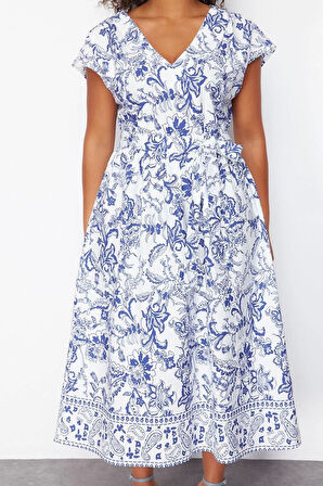 Kadın Moda Şık Büyük Beden Maxi Boy V Yaka Relaxed Derin Dokuma Elbise