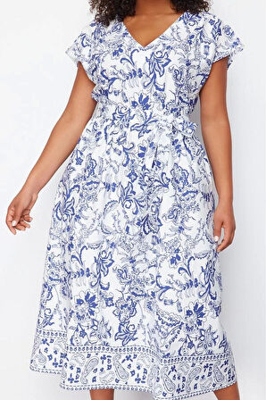 Kadın Moda Şık Büyük Beden Maxi Boy V Yaka Relaxed Derin Dokuma Elbise