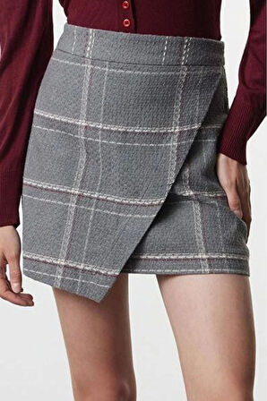 Kadın Moda Stil Mini Astarsız Dokuma Kruvaze Dokuma Ekose Etek
