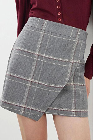 Kadın Moda Stil Mini Astarsız Dokuma Kruvaze Dokuma Ekose Etek