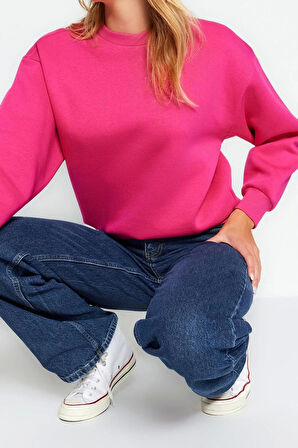 Kadın Regular Bisiklet Yaka Düşük Kol Regular Kalın İçi Polarlı Normal Kalıp Basic Örme Sweatshirt