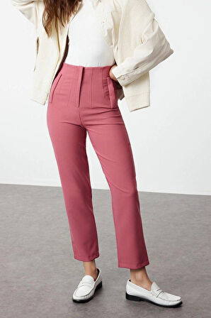 Kadın Yeni Moda Geniş Paça Regular Boy Dokuma Cigarette Kalıp Pensli Yüksek Bel Bilek Boy Pantolon