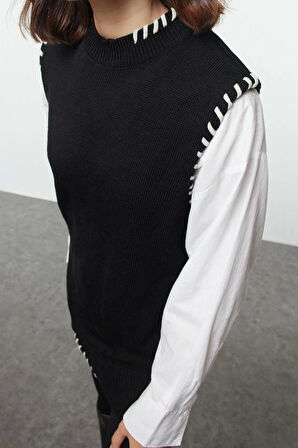 Kadın Tesettür Moda Şık Uzun Bisiklet Yaka Uzun Kol Renkli Dikiş Detaylı Triko Süveter