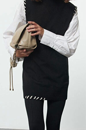 Kadın Tesettür Moda Şık Uzun Bisiklet Yaka Uzun Kol Renkli Dikiş Detaylı Triko Süveter