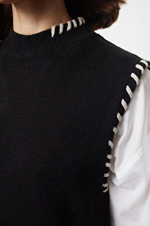 Kadın Tesettür Moda Şık Uzun Bisiklet Yaka Uzun Kol Renkli Dikiş Detaylı Triko Süveter