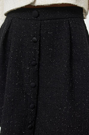 Kadın Moda Stil Mini Astarsız Dokuma Cep Detaylı Önden Düğmeli Kloş Tüvit Kumaşlı Dokuma Etek