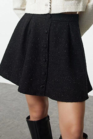 Kadın Moda Stil Mini Astarsız Dokuma Cep Detaylı Önden Düğmeli Kloş Tüvit Kumaşlı Dokuma Etek