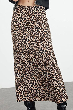 Kadın Moda Stil Maxi Astarsız Dokuma Leopar Animal Desenli Maxi Boy Dokuma Etek
