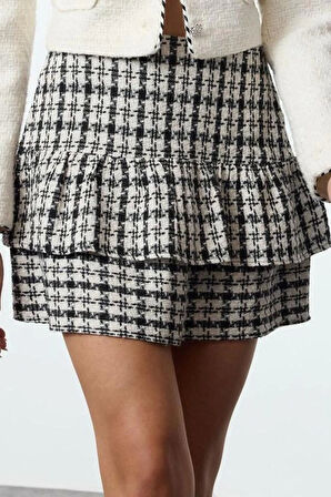 Kadın Moda Stil Mini Astarsız Dokuma Eteği Fırfır Detaylı Ekose Desenli Flanel Kumaş Mini Boy Etek