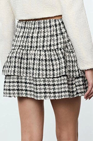 Kadın Moda Stil Mini Astarsız Dokuma Eteği Fırfır Detaylı Ekose Desenli Flanel Kumaş Mini Boy Etek