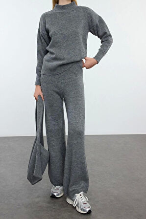 Kadın Moda Şık Regular Uzun Boy Uzun Kollu Çanta Detaylı Triko Alt-Üst Takım