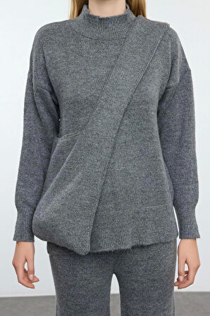 Kadın Moda Şık Regular Uzun Boy Uzun Kollu Çanta Detaylı Triko Alt-Üst Takım