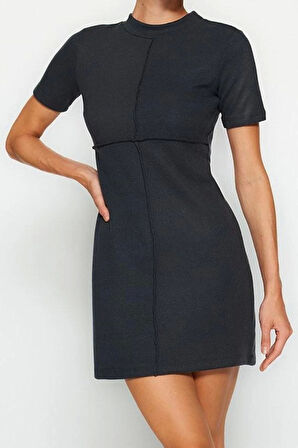 Kadın Moda Şık Mini Boy Dik Yaka Regular A Kesim Çan Form Selanik Triko Görünümlü Örme Elbise