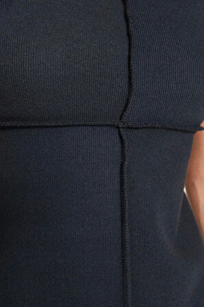 Kadın Moda Şık Mini Boy Dik Yaka Regular A Kesim Çan Form Selanik Triko Görünümlü Örme Elbise