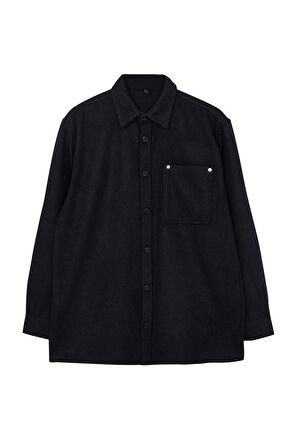 Moda Gömlek Yaka Düz Uzun Kol Oversize Fit Kaşe Kışlık Dokulu Gömlek