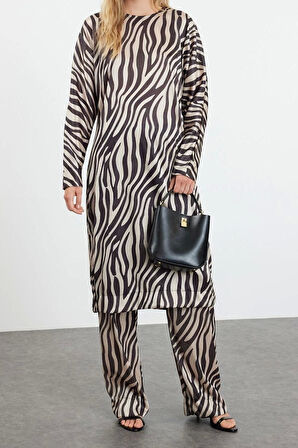 Kadın Moda Şık Geniş Paça Uzun Kollu Krinkle Örme Animal Zebra Desenli Uzun Tunik Alt-Üst Takım
