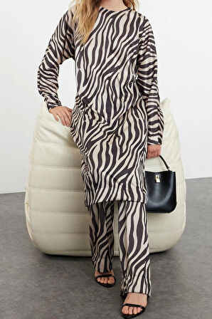 Kadın Moda Şık Geniş Paça Uzun Kollu Krinkle Örme Animal Zebra Desenli Uzun Tunik Alt-Üst Takım