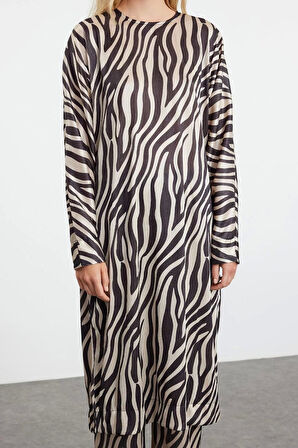 Kadın Moda Şık Geniş Paça Uzun Kollu Krinkle Örme Animal Zebra Desenli Uzun Tunik Alt-Üst Takım