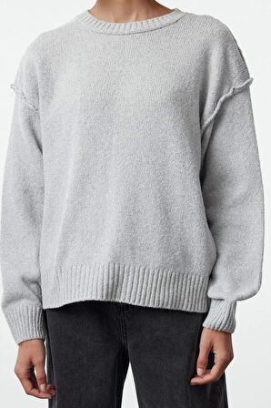 Kadın Moda Şık Bisiklet Yaka Standart Kol Regular Geniş Kalıp Basic Triko Kazak